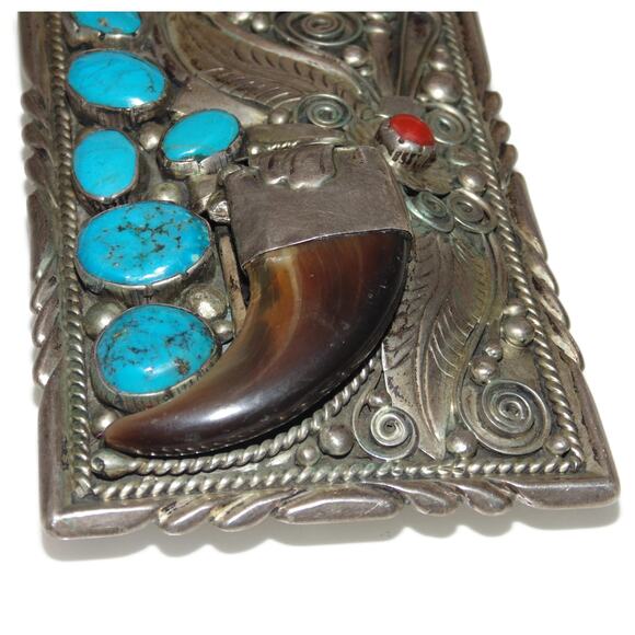 Vintage Navajo B. Begays Sterling Silver Coral Claw Turquoise Large Belt Buckle - Picture 2 of 5
